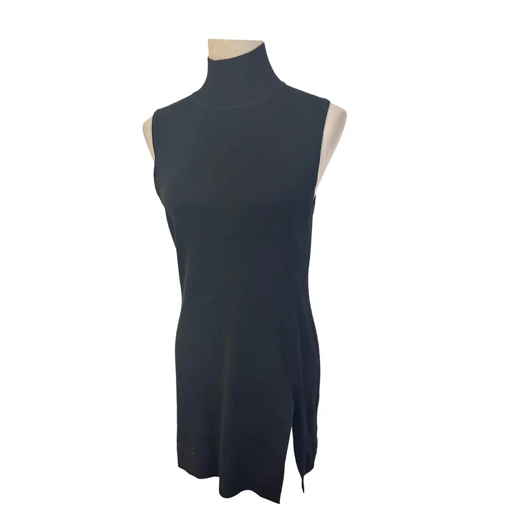 Cable and Gage Black Ribbed Mock Neck Sleeveless Side Slit Dress